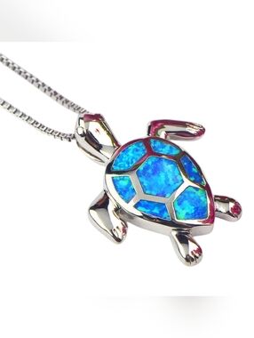 Blue Opal Turtle Pendant Necklace 925 Silver